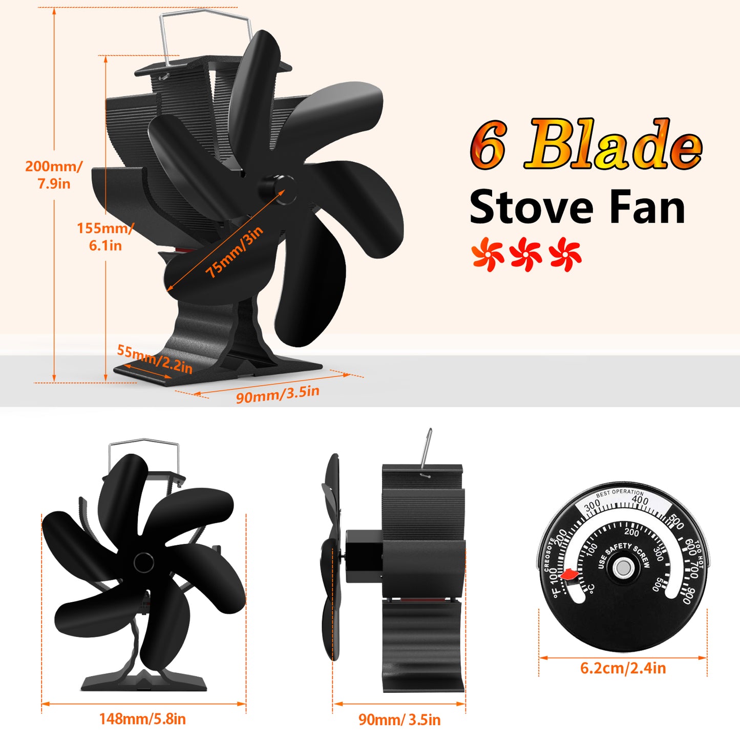 6 Blades Heat Powered Wood Stove Fan with Thermometer