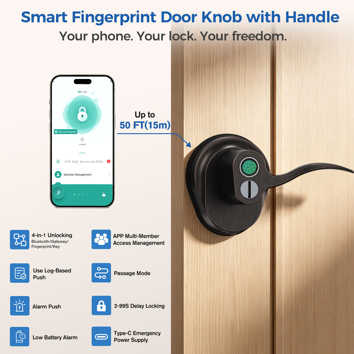310FL Fingerprint Digital Door Lock with Handle, Bluetooth Keyless Entry