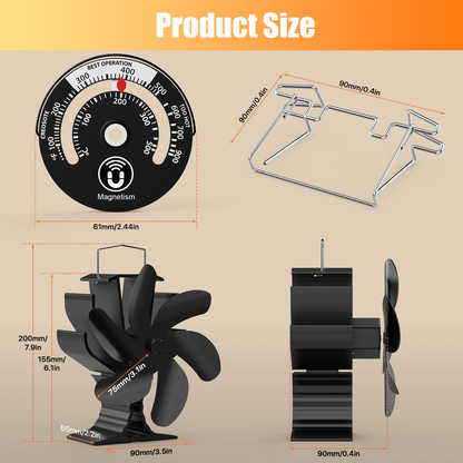 6 Blades Wood Stove Fan with Magnetic Thermometer and Bracket Compatible for Buddy Heater