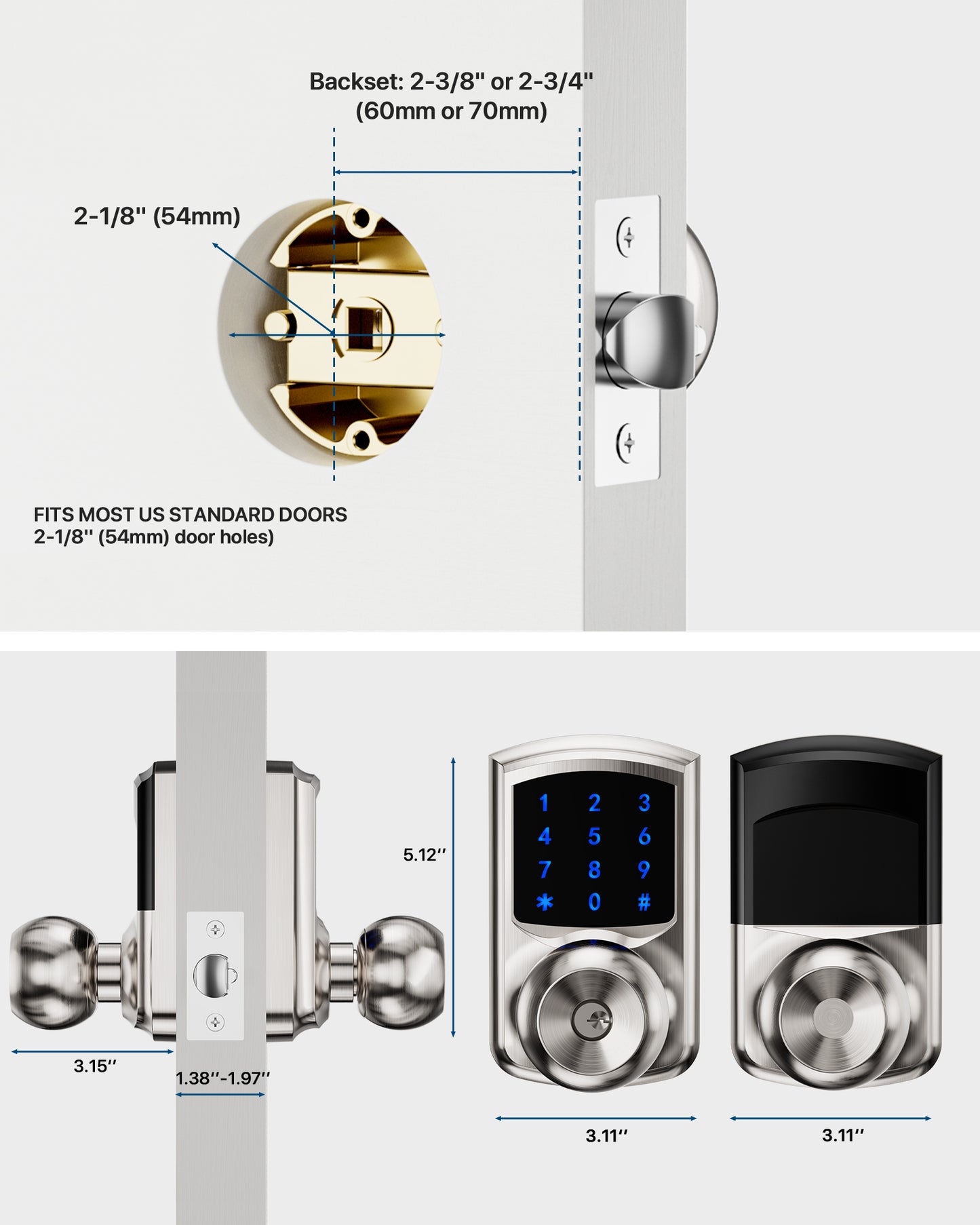 HL668K Keypad Door Knob with Code Matte Black/Satin Nickel/Sliver