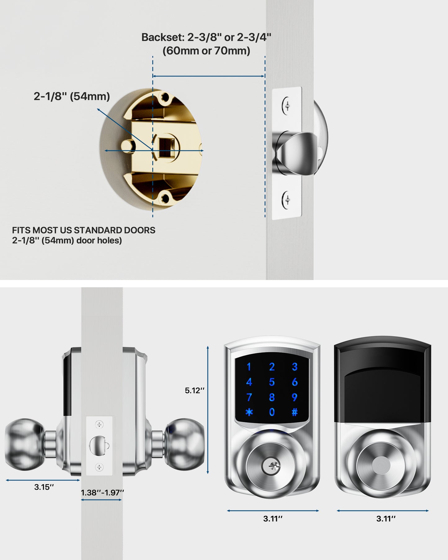 HL668K Keypad Door Knob with Code Matte Black/Satin Nickel/Sliver