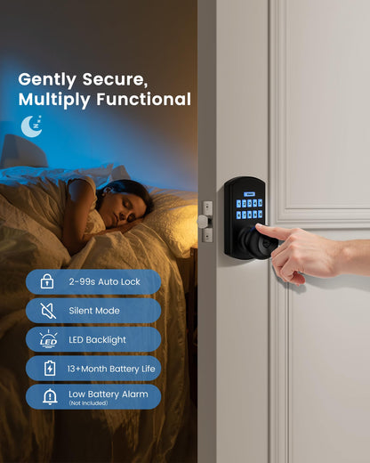 Hidalife Keypad Door Lock with Knob, Fingerprint Keyless Entry Door Lock for Front Door, Easy Passage Mode, Biometric Door Lock with Code, Matte Black