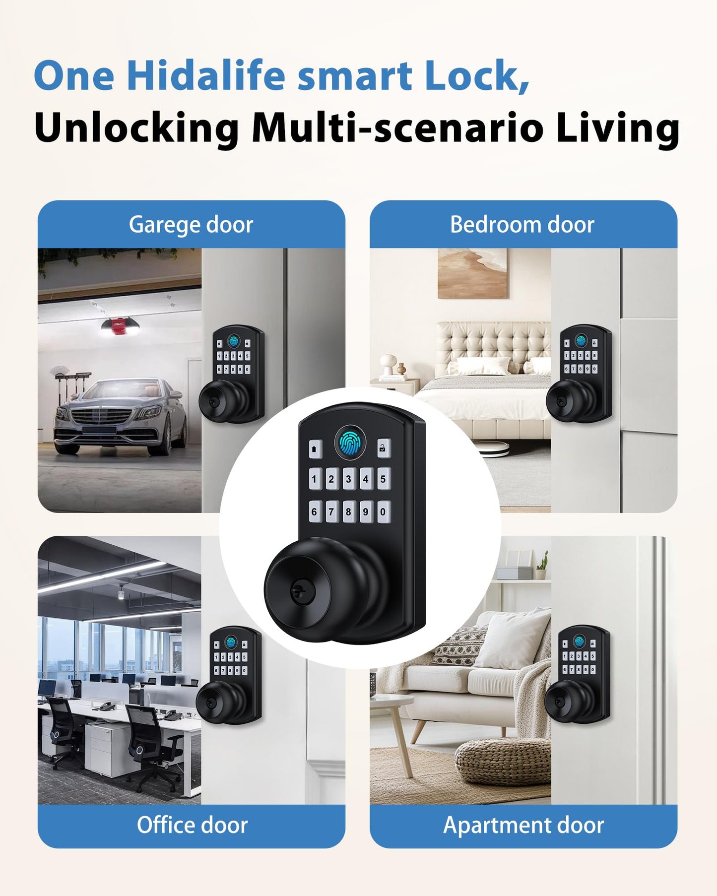 Hidalife Keypad Door Lock with Knob, Fingerprint Keyless Entry Door Lock for Front Door, Easy Passage Mode, Biometric Door Lock with Code, Matte Black