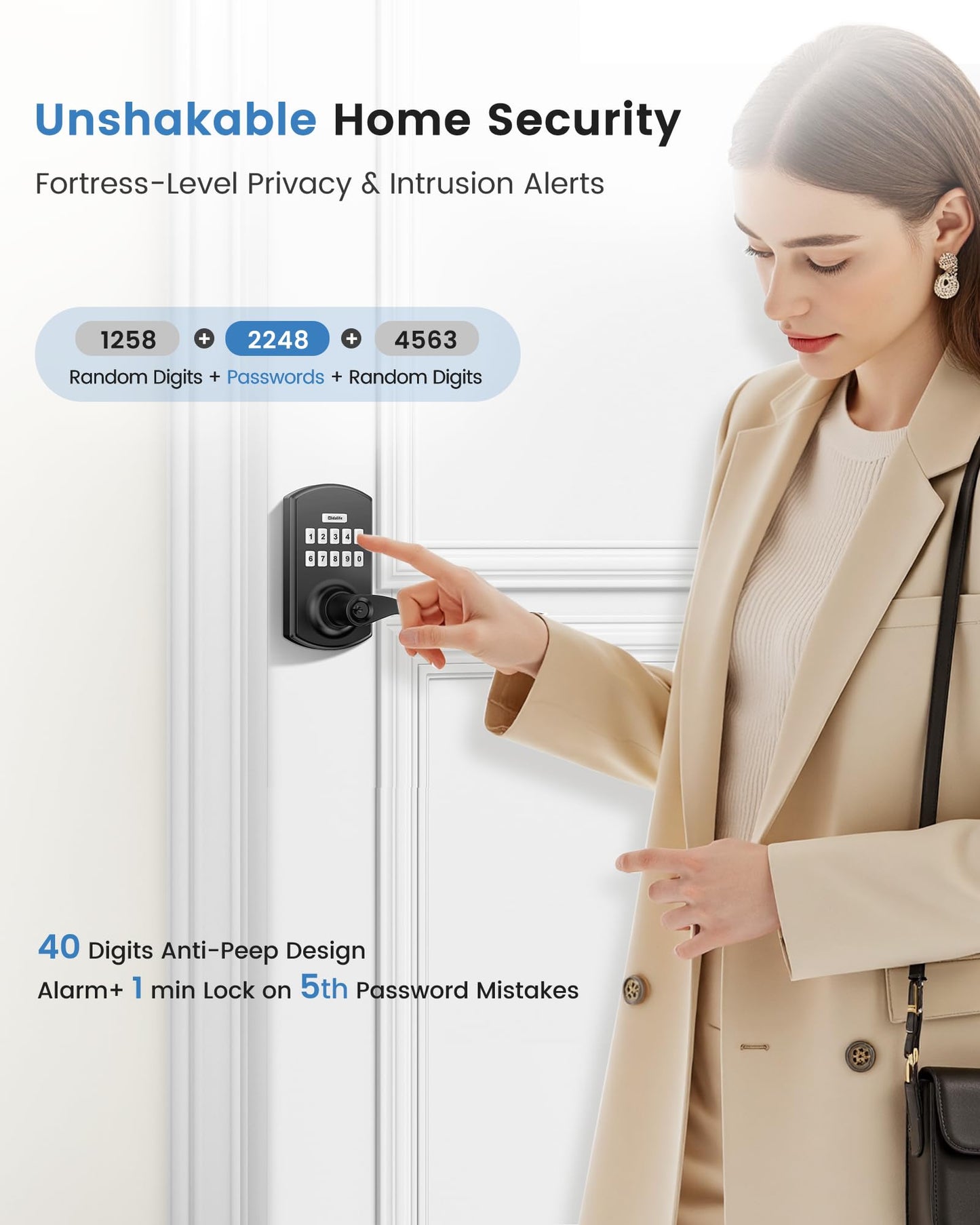 Hidalife Keypad Door Lock with Handle, Keyless Entry for Front Door, Manual Passage Mode, Matte Black