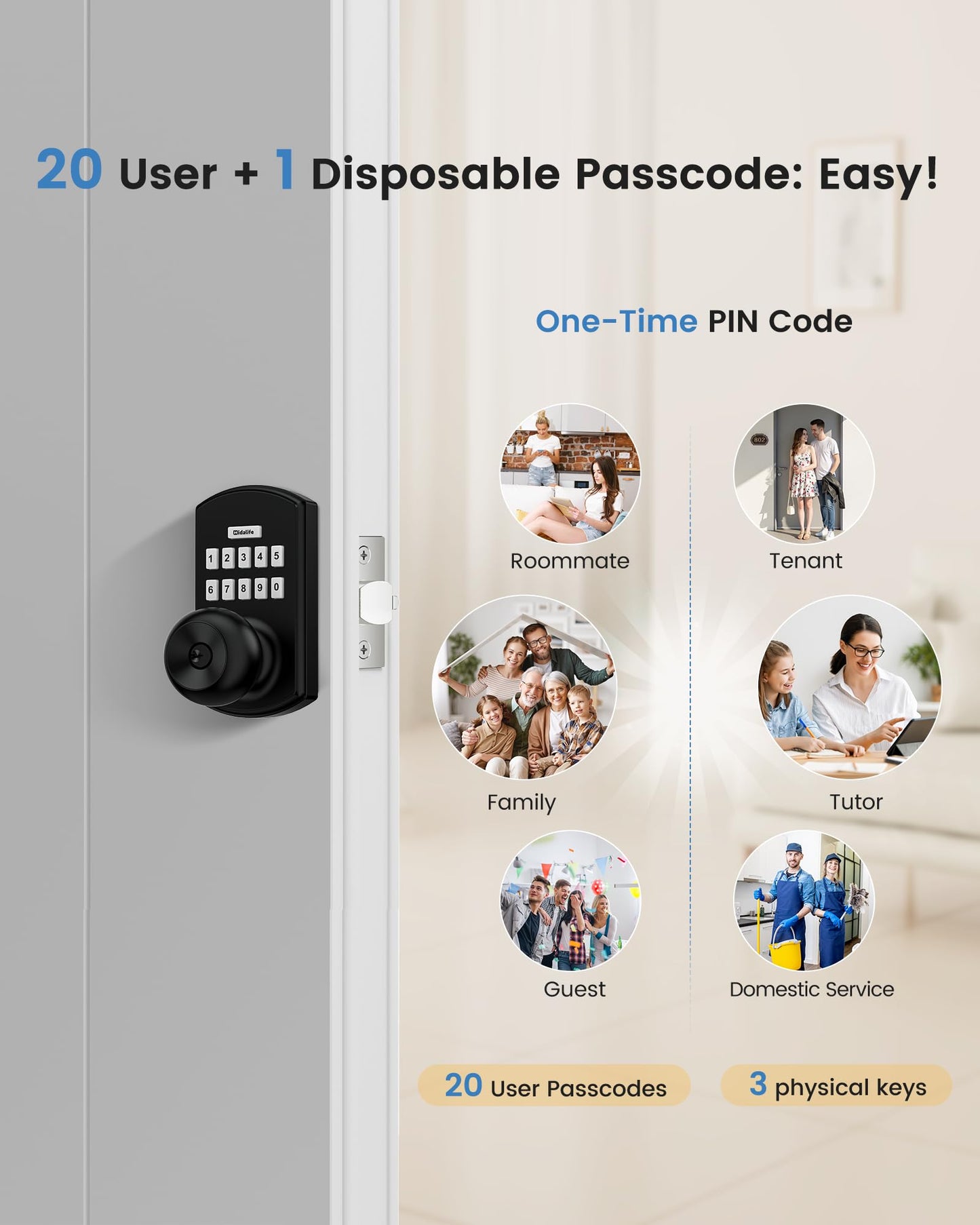 Hidalife Keypad Door Lock with Knob, Fingerprint Keyless Entry Door Lock for Front Door, Easy Passage Mode, Biometric Door Lock with Code, Matte Black