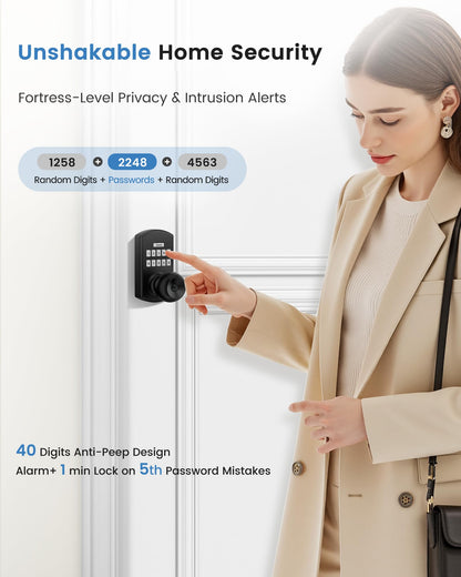 Hidalife Keypad Door Lock with Knob, Fingerprint Keyless Entry Door Lock for Front Door, Easy Passage Mode, Biometric Door Lock with Code, Matte Black