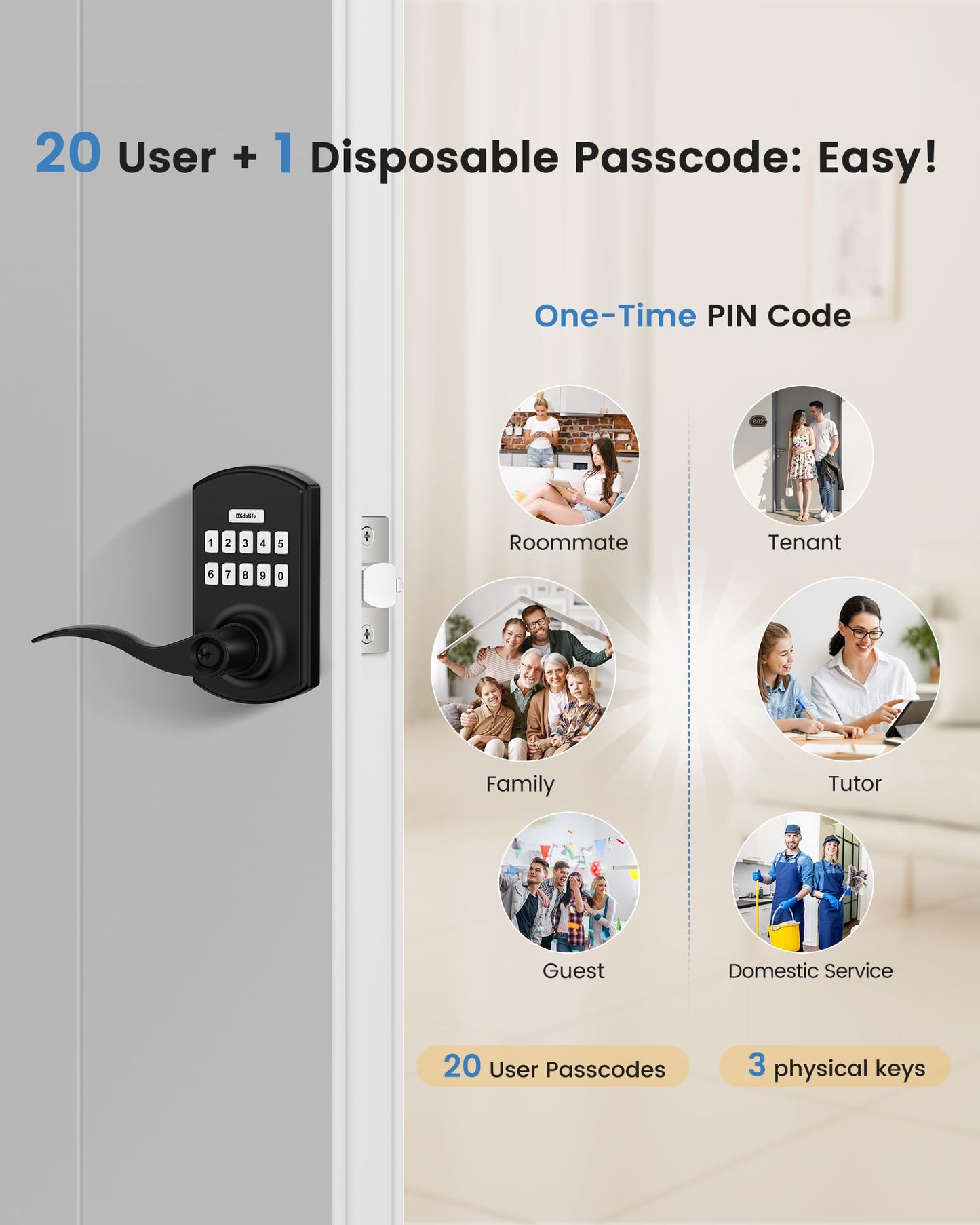 Hidalife Keypad Door Lock with Handle, Keyless Entry for Front Door, Manual Passage Mode, Matte Black