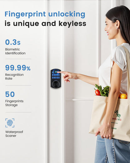 Hidalife Keypad Door Lock with Knob, Fingerprint Keyless Entry Door Lock for Front Door, Easy Passage Mode, Biometric Door Lock with Code, Matte Black