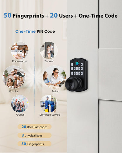Hidalife Keypad Door Lock with Knob, Fingerprint Keyless Entry Door Lock for Front Door, Easy Passage Mode, Biometric Door Lock with Code, Matte Black